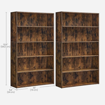 VASAGLE Set of 2 Bookshelves, 30 Inches Wide, 5-Tier Open Bookcases with Adjustable Storage Shelves, Floor Standing Units, Rustic Brown ULBC175X01-2