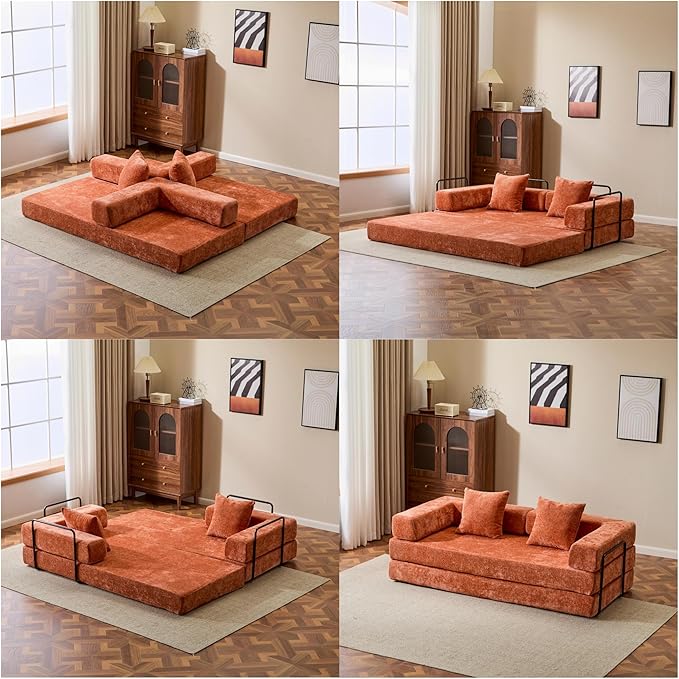 Convertible Sofa Bed, Compression Futon Sofa with Pillows & Armrest, Foldable Mattress Couch with Fixed-Shape Frame, Comfy Couch Lounge Sleeper Bed for Living Room Bedroom, Orange