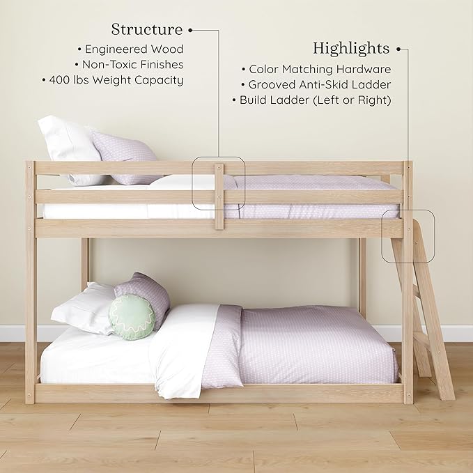 Grain & Grove Bear Twin Over Twin Bunk Bed, Low Bunk Bed Frame for Kids, Bunk with Ladder, Guardrail and Slats, No Box Spring Required, Oak Embossed Natural