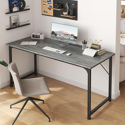 Huuger Computer Desk, 55 Inch Home Office Desk, Gaming Writing Work from Home Study Desk, Large Legroom, Sturdy Metal Frame, Modern Simple, Grey