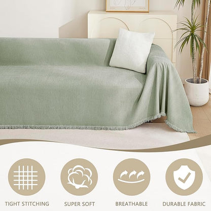 MYSKY HOME Sectional Couch Cover Blanket Living Room Furniture Protector for Pets, Farmhouse Home Decor Sofa Covers Tassel Chenielle Sofa Slipcover Soft Throw Couch for Dogs, 71" X 150", Sage Green