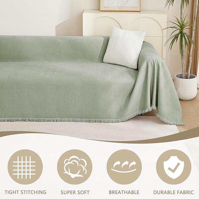 MYSKY HOME Sectional Couch Cover Blanket Living Room Furniture Protector for Pets, Farmhouse Home Decor Sofa Covers Tassel Chenielle Sofa Slipcover Soft Throw Couch for Dogs,71" X 118", Sage Green