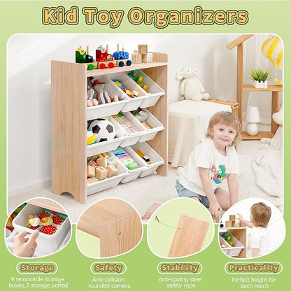 MallBest 4-Tier Kids' Toy Storage Organizer Shelf - 100% Solid Wood,Children's Storage Cabinet with 9 Plastic Bins