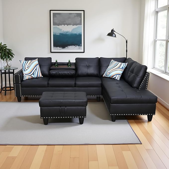 Couches for Living Room Faux Leather L Shaped Couch Comfy 3 Pieces Sectional Sofa with Chaise, Ottoman with Storage for Office and Small Apartment, Graceful Black