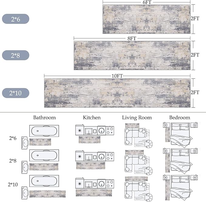 Washable Area Rugs 2'x10' Non-Slip Modern Abstract Soft for Living Room Entryway Bedroom Nursery, Print Pattern, Purple Grey Cream Yellow