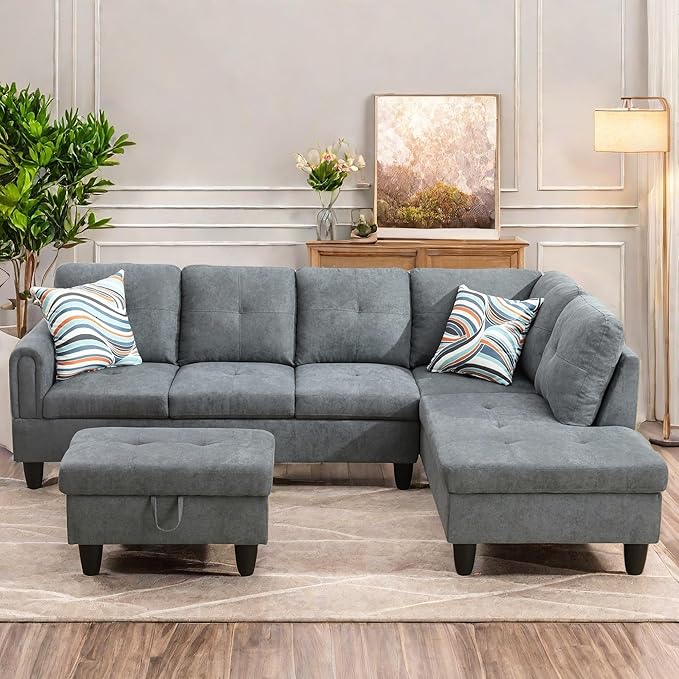 L Shaped Sectional Couches for Living Room, Modern Modular Sectional Sofa with Ottoman Storage, Comfy L Shaped Couch with Chaise for Bedroom Apartment Furniture, Gray