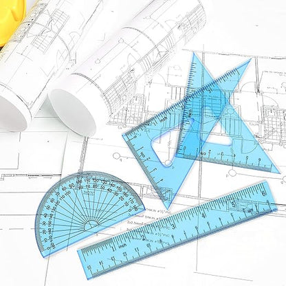 Coopay 6 Inch Math Geometry Tool Plastic Ruler Square Set Includes Straight Ruler, Triangles, Protractor for Student School Office Supplies (Blue)