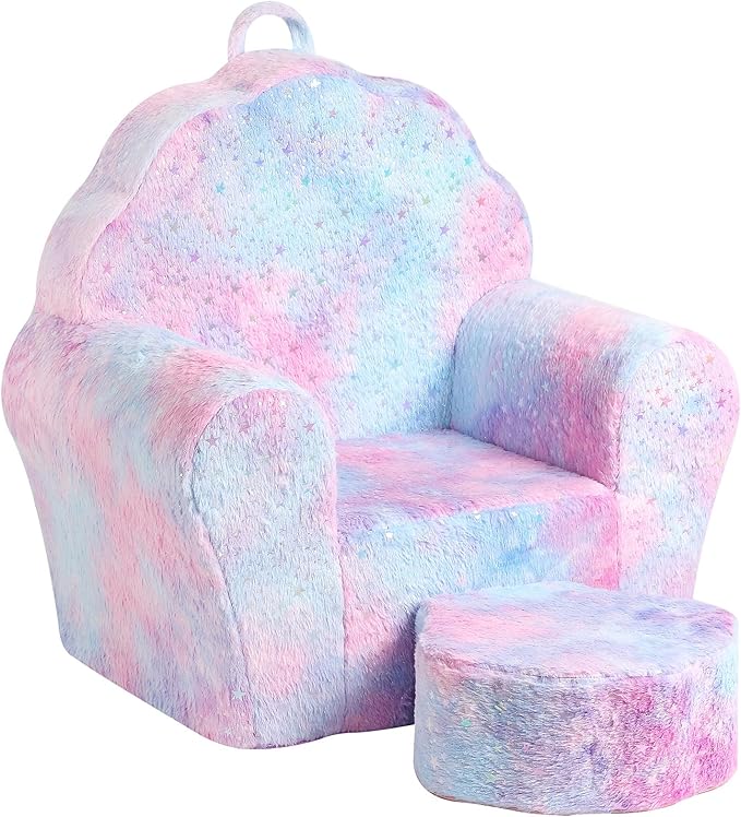 Kids Sofa with Ottoman, Shell-Like Sofa for Boys and Girls, Pink Tie Dye