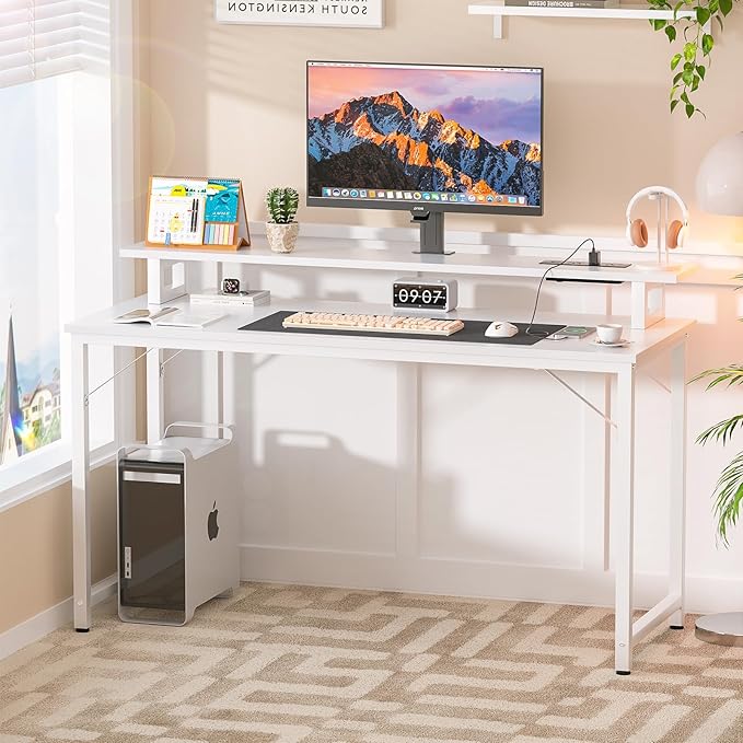 Computer Desk with USB Power Outlets and LED Lights, 47 inch Gaming Desk with Monitor Stand for Small Space Home Office, Modern Simple Study Writing Table PC Desks, White