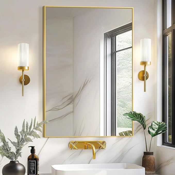 Bathroom Vanity Mirror for Wall, 36" x 24" Metal Framed Rectangular Bathroom Wall Mirror for Over Sink, HD Shatterproof Glass, Hangs Horizontally or Vertically(Gold)