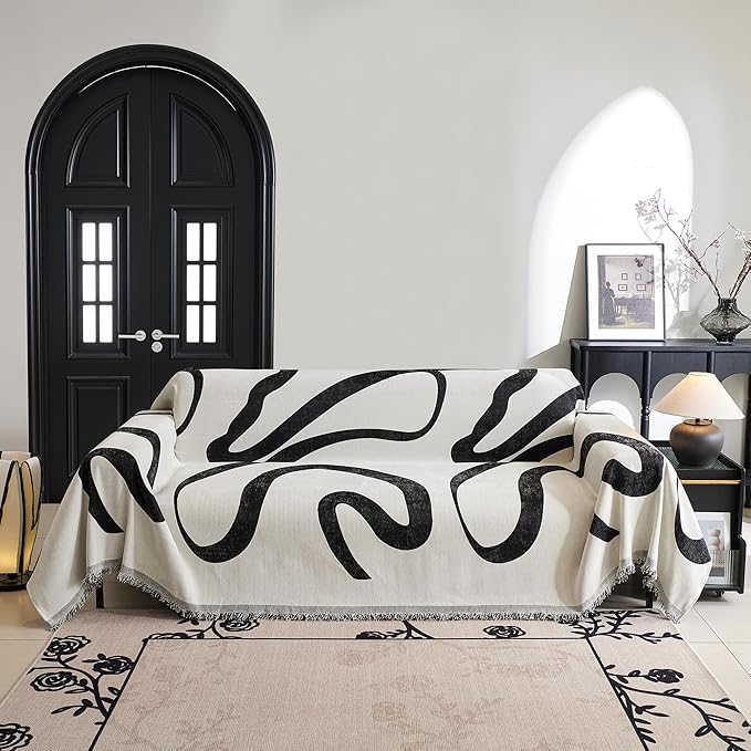 MYSKY HOME Boho Couch Cover Super Soft Couch Covers for 2-3 Cushion Couch Sofa, Modern Black Jacquard Sofa Slipcover Loveseat Futon Cover, Couch Covers for Sectional Sofa, 71" x 134", Black Curve