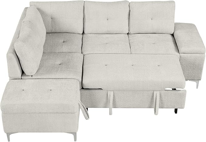 Ball & Cast 88.2" L-Shaped Sectional Pull Out Sofa with Ample Storage Space,Versatile Convertible Couch w/Two Cup Holders and Two USB Ports,Movable Storage Ottoman,for Living Room,Apartment,Beige