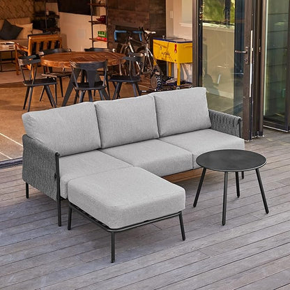 EAST OAK Life Chatter Patio Furniture Set, Outdoor Furniture Sectional Sofa Set with Round Coffee Table, 4 Seats Sofa Deep Seating with Thick & Washable Cushions, Black & Grey