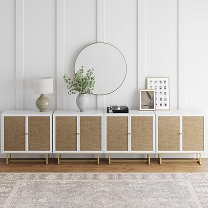 Nathan James Kova Rattan Wood Accent Natural Sideboard Storage Cabinet TV Stand with Matte Metal Frame, Adjustable Shelves and Cane Doors, for Hallway, or Living Room, White/Cane/Brass, Set of 4