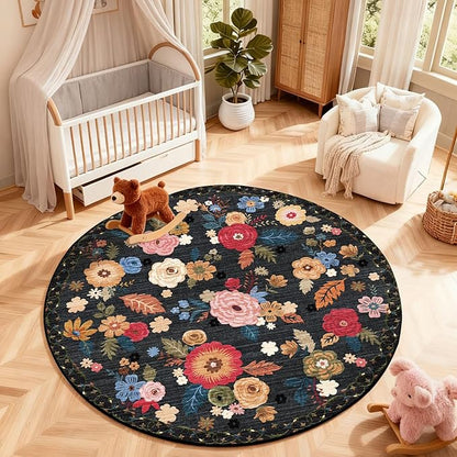 4x4 Round Bedroom Rug Washable: Round Rug Stain Resistant Green Floral Rug Non Slip Low Pile Small Carpet for Bedroom Kitchen Entryway Living Room Bedside Office Dorm Kids Room Entrance
