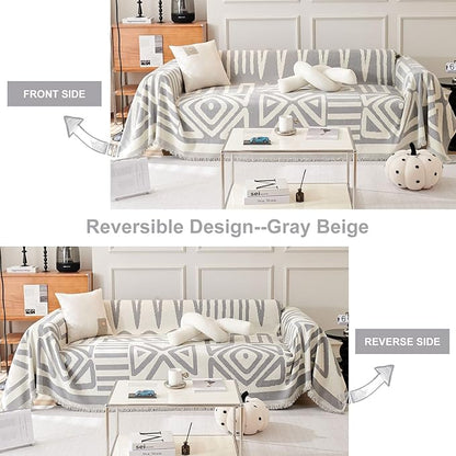 STACYPIK Boho Geometric Couch Cover for Dogs, Soft Chenille Gray Sofa Cover for 2 Cushion Couch, Non-Silp Loveseat Cover for Sectional, Washable Anti-Scratch Pet Furniture Protector Decor-71X118IN