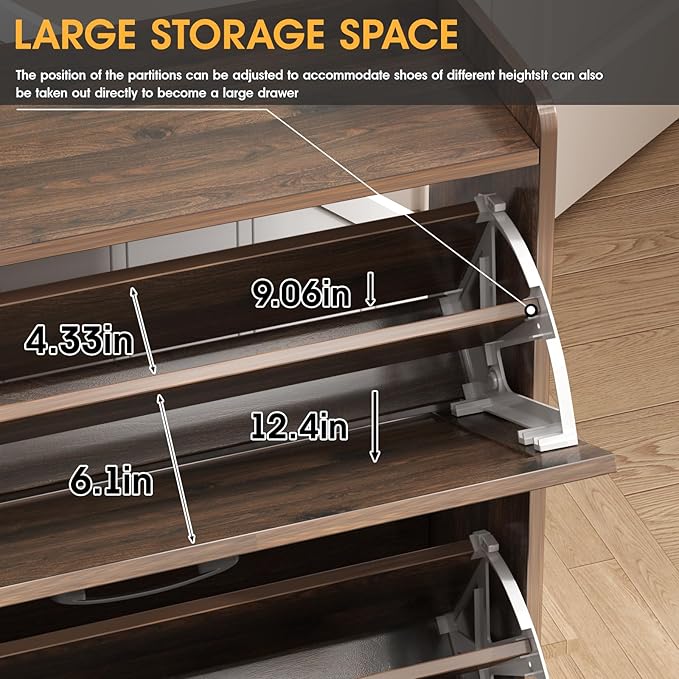 Maupvit Shoe Storage Cabinet with 3 Flip Drawers, Freestanding Organizer with Metal Legs for Entryway, Narrow Shoe Rack Cabinet, Dark Walnut