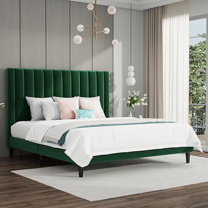 SHA CERLIN King Bed Frame/Velvet Upholstered Platform Bed Frame with Headboard/Strong Wood Slats Support/Mattress Foundation/No Box Spring Needed - Green