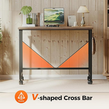 Rolling Computer Desk with Wheels, Gaming Desk for Small Spaces, Modern Simple Style Table for Home Office, Study Writing Table (Caster, Rustic Brown, 40 inch)