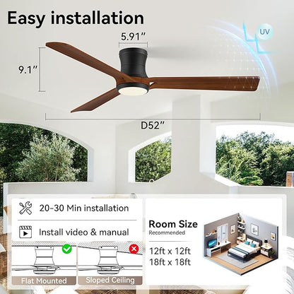 52in Smart Ceiling Fans with Lights,Low Profile Modern Wood Ceiling Fans,Remote/APP/Alexa Control,Outdoor Indoor Flush Mount Ceiling fan,for Patio Bedroom Farmhouse,3 Walnut Blade,Reversible,Quiet