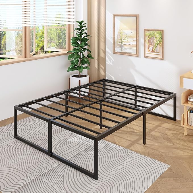 18 Inch King Bed Frame Sturdy Mattress Foundation, Heavy Duty Metal Platform with Steel Slats Support No Box Spring Needed, Noise Free, Easy Assembly, Black