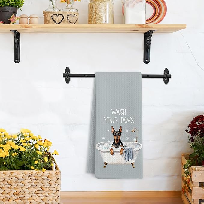 Funny Doberman Pinscher Dog Hand Towels for Bathroom, Doberman Pinscher Dog Decorative Hand Towels, Wash Your Paws Dish Tea Towel for Kitchen Bathroom Decor, Dogs Gifts Women Men, 16x24 Inch