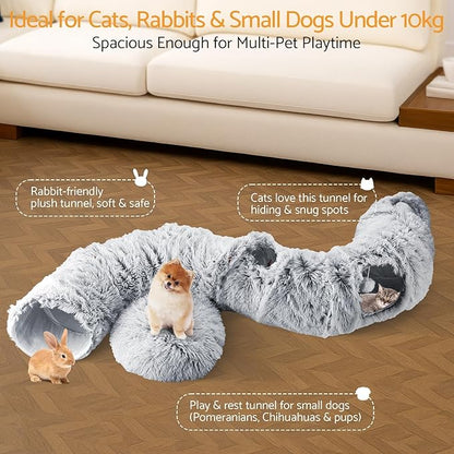 Cat Tunnel Cat Bed for Indoor Cats,Christmas Tree cat Tunnel 3-in-1 Foldable Plush Donut Tunnel with Washable Cushion, Peekaboo Cat Cave with Ears for Kittens, Puppy, Rabbit (Gray)