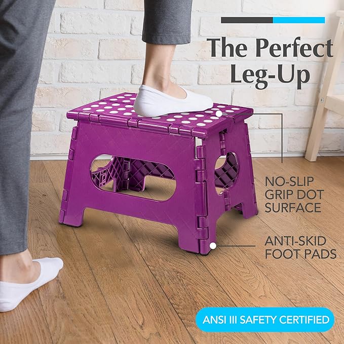 Handy Laundry Folding Lightweight Step Stool - Sturdy Enough to Support Adults and Safe Enough for Kids - Opens Easy with One Flip - Great for Kitchen, Bathroom or Bedroom (Purple | 2-Pack)