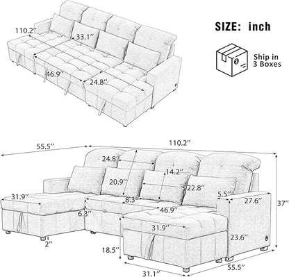 Ball & Cast 110.2" Oversized Versatile Sectional Sleep Sofa with Two USB Ports,U-Shape 4 Seat Pull-Out Couch w/Double Storage Chaise Lounges,for Living Room,Apartment,Office,Beige