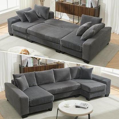 Symmetrical U Shaped Sectional Sofa Convertible Pull Out Sleeper Sofabed with Double Chaise Daybed , Corduroy Upholstered U Shaped Lounge Sofa Couch Bed w/ Throw Pillows for Living Room Apartment