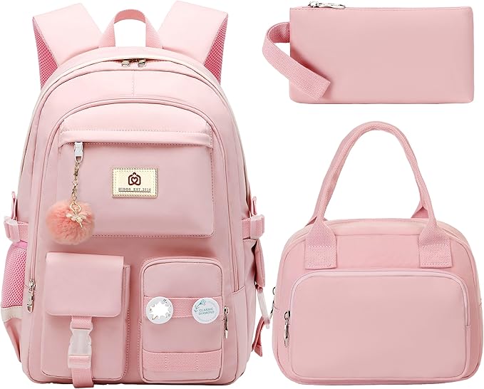 Hidds School Backpack for Teen Girls Women College Laptop Backpacks Kids Cute Bookbag Set with Lunch Box Pencil Case Elementary Middle High Campus Bag 3 Pcs Students Bookbags Sets Travel Daypack-Pink