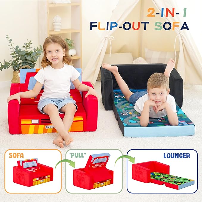 MallBest Kids Sofas Children's Sofa Bed Baby's Upholstered Couch Sleepover Chair Flipout Open Recliner(Red/Fire Truck)