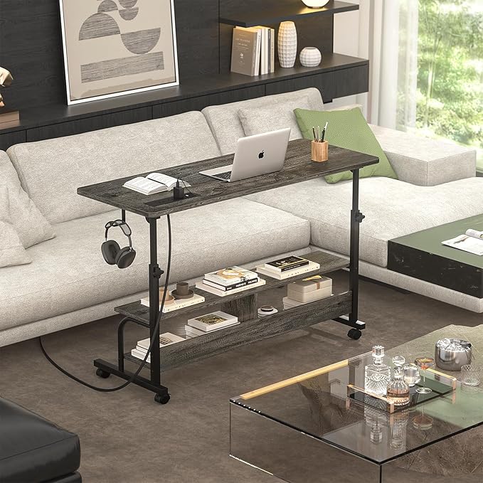 Height Adjustable Standing Desk with Power Outlets, 47" Manual Stand Up Desk with Storage Shelves Small Mobile Rolling Computer Desk Portable Laptop Table with Wheels for Home Office, Grey Oak