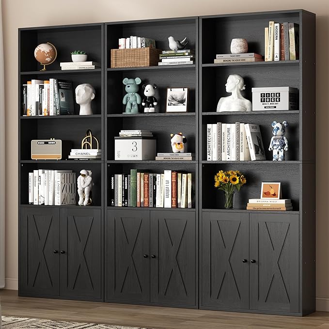 Shintenchi Bookshelf, Industrial Bookshelves and Bookcases with Doors Floor Standing 6 Shelf Display Storage Shelves 70.6 inches Tall Bookcase for Home Office, Living Room (Black)