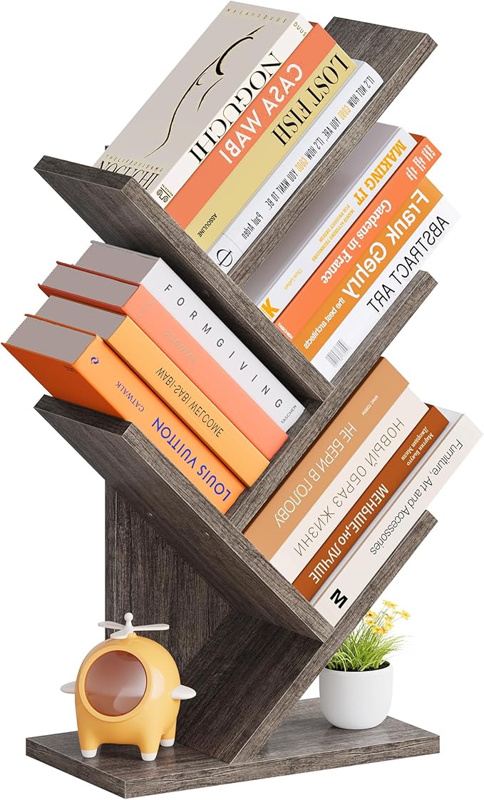 Hoctieon 4 Tier Tree Bookshelf, 4 Shelf Bookcase, Free Standing Tree Bookcase, Display Floor Standing Shelf for Books, Book Organizer Shelves for Home Office, Living Room, Bedroom, Grey
