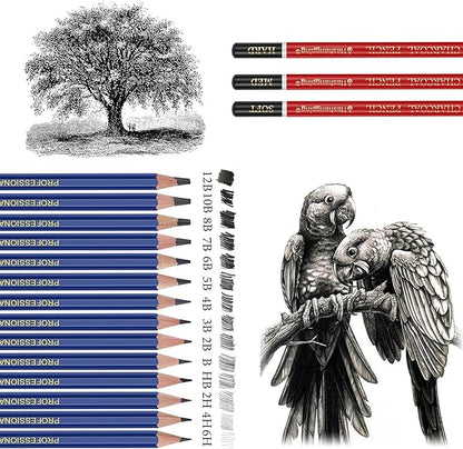 Drawing Sketching Pencil Set, 26 pcs Draw Supplies Kit, 14 Graphite (12B -6H), Charcoal Erasers Sharpener Extender, Ideal for Drawing Art, Sketching, Shading, Artist Pencils for Beginners Pro Artists