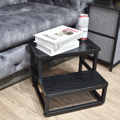 Step Stool, Bedside Steps for High Beds with Round Corners, 2 Steps Footstool for Adults, Metal and Wood Stepping Stool for Kitchen Bedroom, Load 500 LB, Black