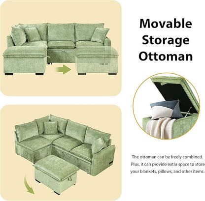 Ball & Cast 82.67" L-Shaped Sectional Pull Out Sofa with Two USB Ports,4-Seater Convertible Couch w/Power Sockets and Movable Storage Ottoman,for Living Room,Apartment,Green