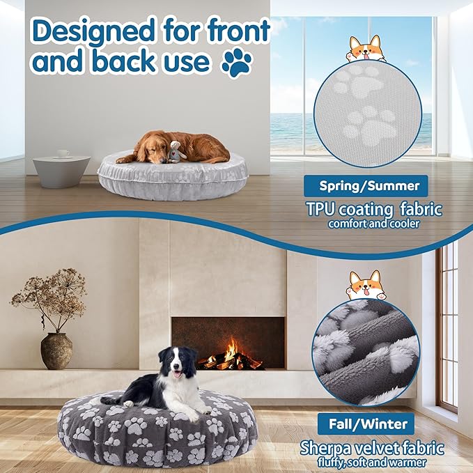 BALAPET Washable Dog Bed Covers Replacement Round Waterproof Bed Cover for Dog Soft Pet Bed Cover with Lovely Dog Paw Print and Double-Sided Usable Design,Cover Only(Dark Gray,30 * 30 * 10in)