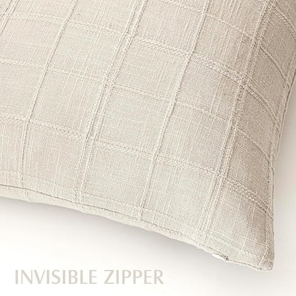 Foindtower Set of 2 Decorative Linen Check Throw Pillow Covers Neutral Long Body Lumbar Cushion Covers Farmhouse Vintage Home Decor for Sofa Chair Couch Bedroom Living Room,14×36 Inch,Natural Beige