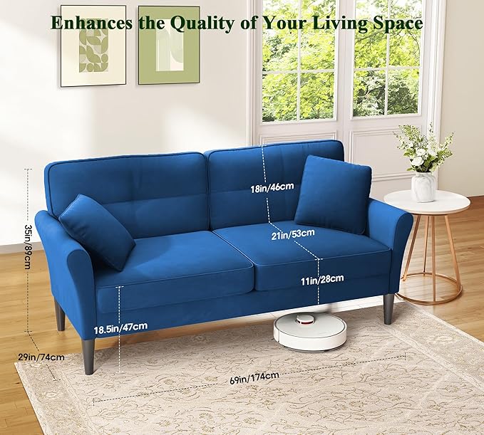 69" Loveseat Sofa, Velvet Small Couches for Small Spaces, Love Seat Couches with 2 Pillows, Tool-Free Setup Loveseats, 700lb Load Sofas for Living Room, Mini Couch for Bedroom, Comfy Sofa Couch, Blue