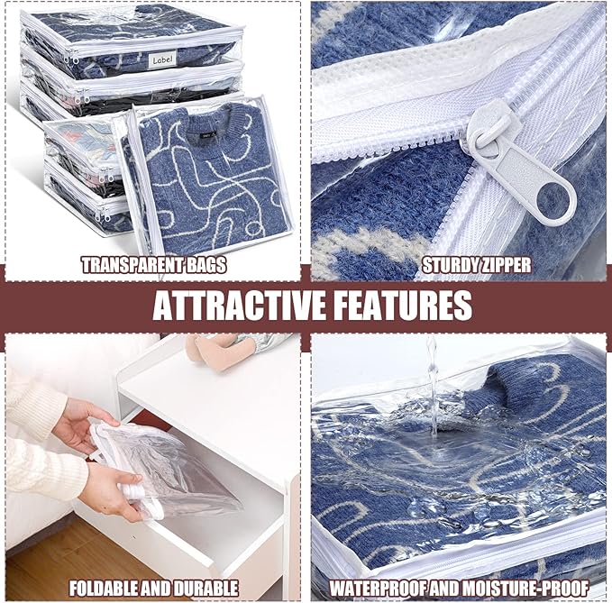 Hoolerry 6 Pieces Sweater Storage Bags Plastic Clear PVC Clothes Storage Bags with Zipper and Label for Blankets Clothes Closet Quilt Pillow Bed Sheet Organizer(14.2 x 12 x 3.2 Inch)