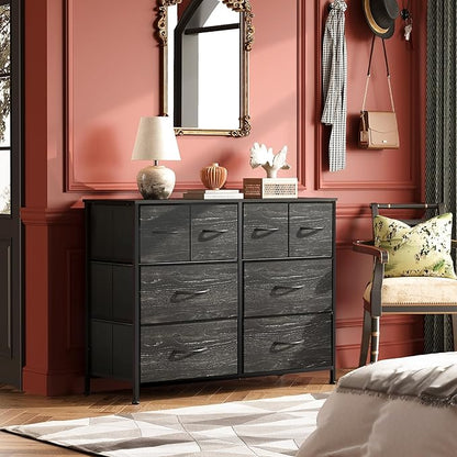 WLIVE Dresser for Bedroom with 8 Drawers, Wide Fabric Dresser for Storage and Organization, Bedroom Dressers, Chest of Drawers for Living Room, Closet, Hallway, Charcoal Black Wood Grain Print