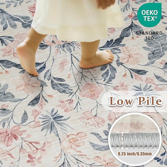 5x7 Area Rugs Washable Rug: Lagre Boho Living Room Rug Soft Non-Slip Thin Carpet Indoor Floor Non-Shedding Neutral Floral Carpets for Bedroom Dining Room Farmhouse Nursery Multi