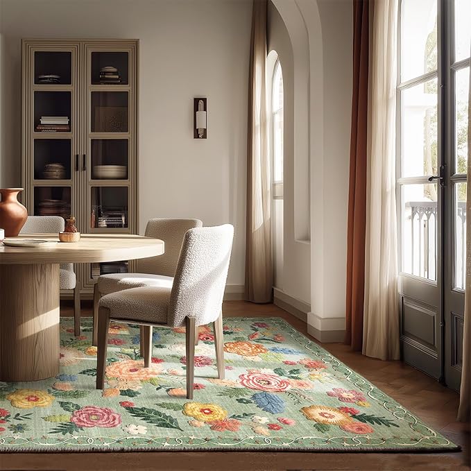 9x12 Area Rug Washable Rugs: Large Living Room Rug Stain Resistant Non Slip Distressed Vintage Floral Rug Low Pile Faux Wool Soft Green Rugs for Bedroom Farmhouse Dining Room Kids Playroom Nursery