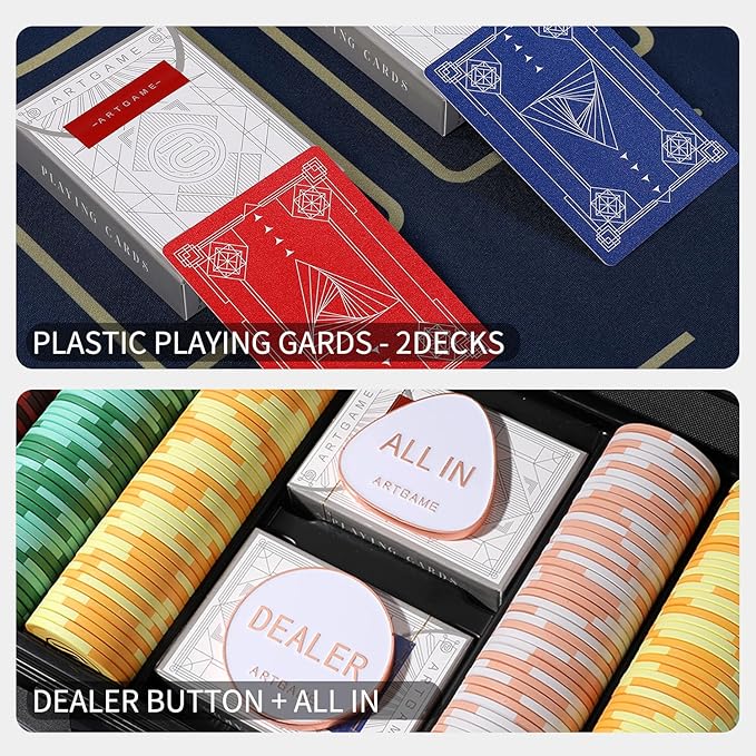 ARTGAME 14 Gram Clay Poker Chip Set for Texas Hold’em, 300Pcs Casino Style Chips, with K-Type Aluminum Case and Dealer Buttons.