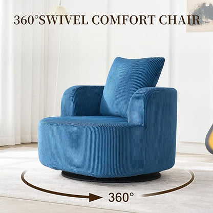 Furnimart 360° Swivel Barrel Accent Chair, Round Upholstered Comfy Lounge Chair, Corduroy High-Resilienc Foam Single Sofa, No Assembly Wide Seat for Living Room, Bedroom, Apartment (Blue)
