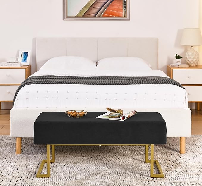 Modern Style Bedroom Double Seat Bench, Cushioned Bed end Stool, Living Room Sofa Stool, Footstool with Golden Iron Legs, Suitable for Bedroom and Living Room (Black, 39.37"x15.74"X16.53")