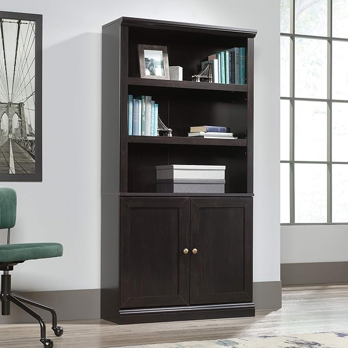 Sauder Select Book Shelf, Bookshelf with Storage, Library Bookcase with Doors and Adjustable Shelves, in Estate Black