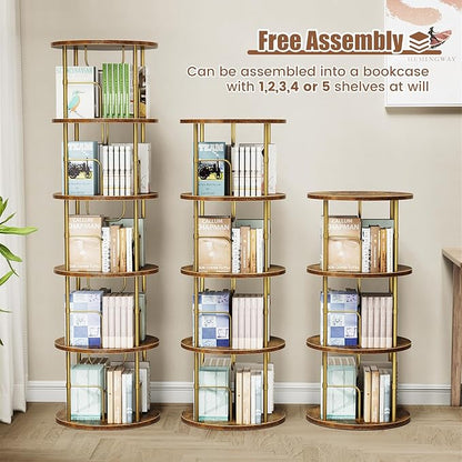 Rotating Bookshelf, 3 Tier Round Revolving Bookcase with Special Visible Partition Storage, 360° Display Spinning Bookshelf Tower Storage Organizer Rack for Bedroom, Living Room, Small Space, Gold